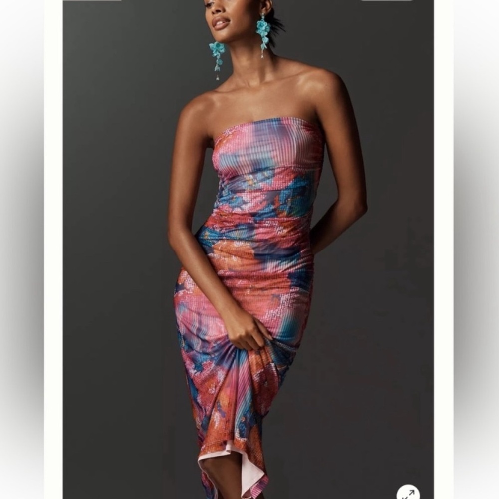 NWT | Anthropologie Soleil Strapless Ruched Mesh Midi Dress